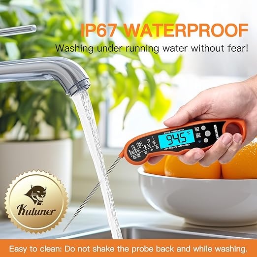KULUNER TP-01 Waterproof Digital Instant Read Meat Thermometer with 4.6 Folding Probe Backlight Calibration Function for Cooking Food Candy, BBQ Grill, Liquids,Beef(Orange)