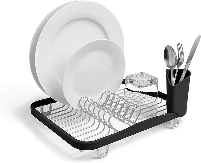 Umbra Sinkin Dish Drying Rack – Drainer Caddy with Removable Cutlery Holder – Use in Sink or On Counter, Standard, Black/Nickel