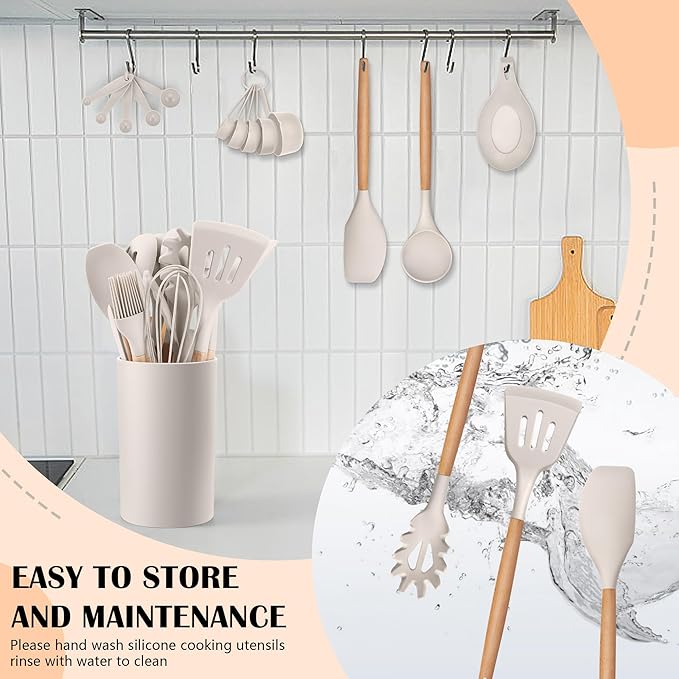 HaWare Kitchen Cooking Utensils Set, 23-Piece Silicone Kitchen Utensils Spatula Set with Holder, Heat Resistant Wooden Handle Kitchen Gadget for Nonstick Cookware, Food-grade Turner Spoon Sets (Khaki)
