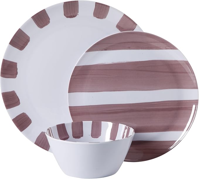 Gibson Home Cottage Stripes 12 Piece Unbreakable Melamine Plates and Bowls Dinnerware Set - Outdoor, Camping, & Everyday Use - Assorted Colors