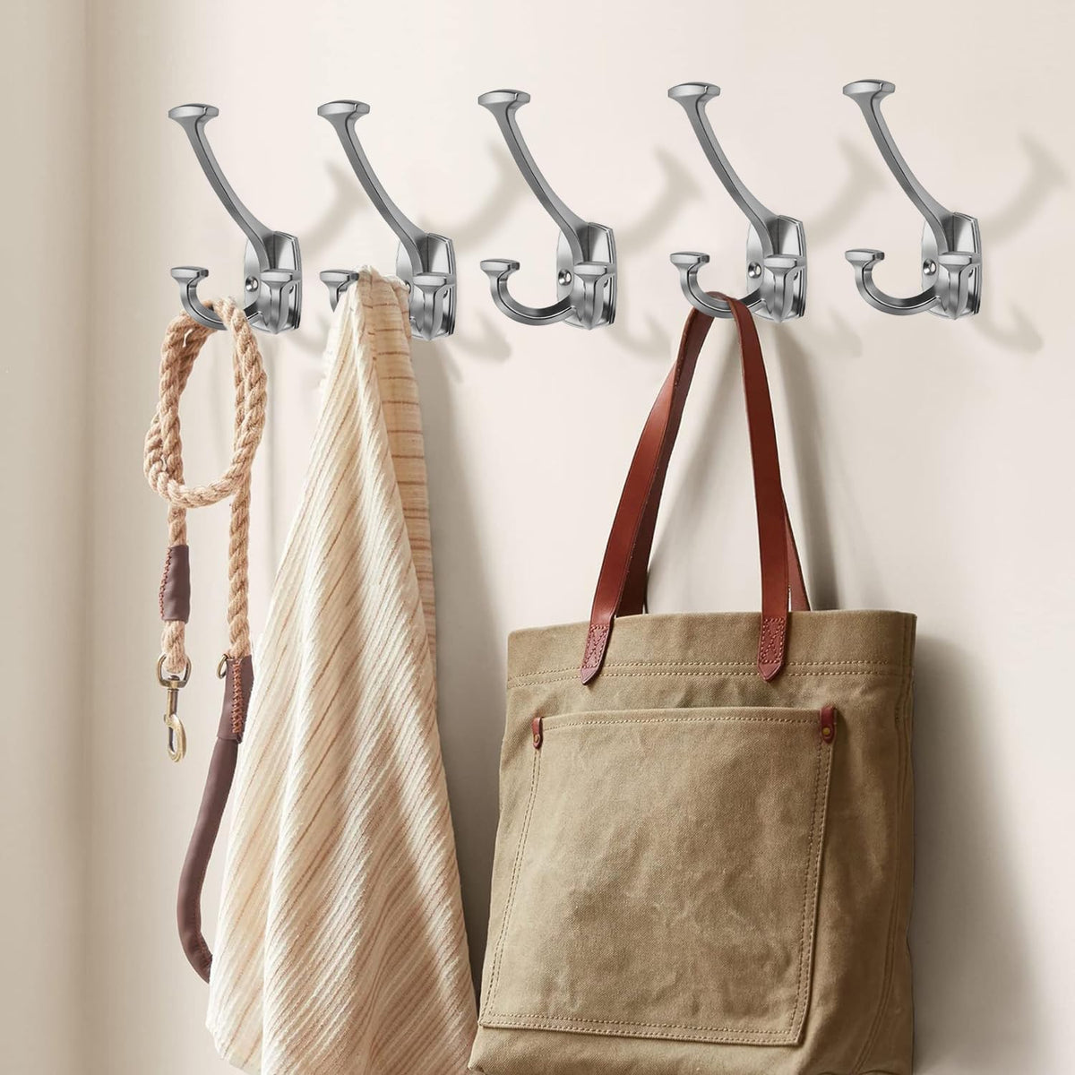 Large Wall Double-Sided Hook 5 Pack Brushed Satin Nickel Hook Decorative Heavy Duty Solid Large Coat Hooks for Towel Hanging Coats Robe Towel Bags Door Back 2 Prong Hooks