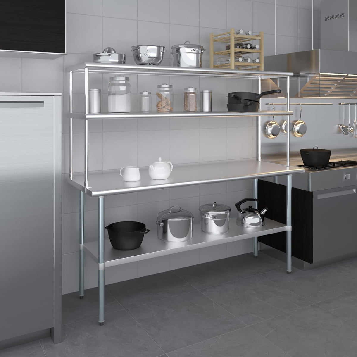 Amgood Stainless Steel Work Table Double Tier Overshelf | Metal Kitchen Prep Table & Shelving Combo (24" x 72" Work Table + 18" Overshelf)