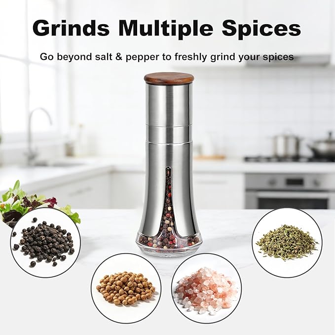 Aelga Pepper Mill - 4oz Stainless Steel Pepper Grinder Manual with 5-Level Adjustable Coarseness, Wood Lid, Silicone Funnel