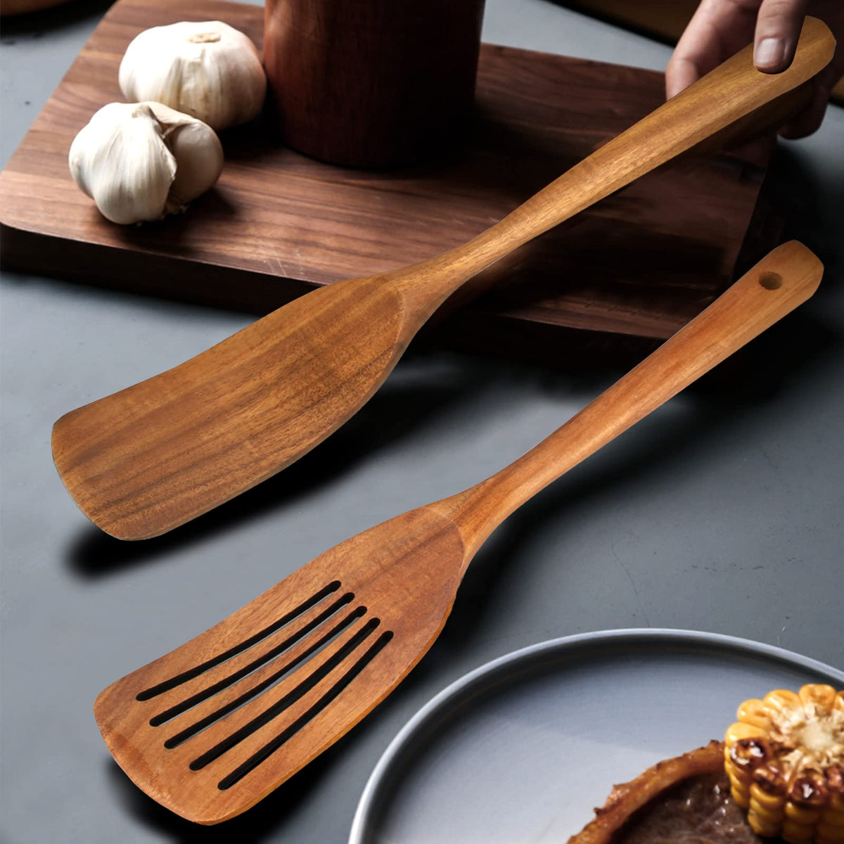 2 Pack Wooden Non Toxic Spatulas for Kitchen Utensils Set Acacia Wood Cooking Spatula Flat Wok Pancake Turner Bamboo Slotted Spoon for Cooking Utensil Spurtle Scraper Long Fish Egg Flipper Spatulas