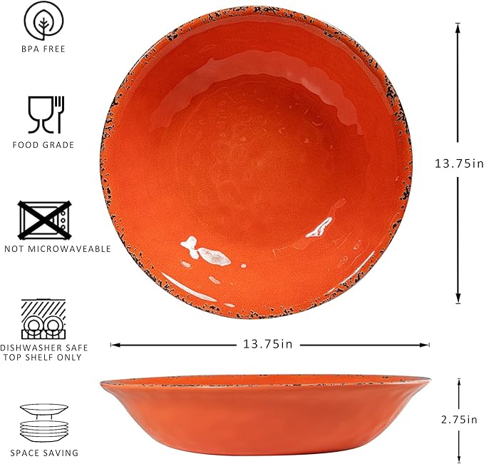 Rustic Melamine 130 OZ Serving Bowls,13.75” Durable Extra Large Melamine Pasta,Salad Serving Bowls, Set of 2, Large Fruit Bowls for Entertaining, Dishwasher Safe, Orange