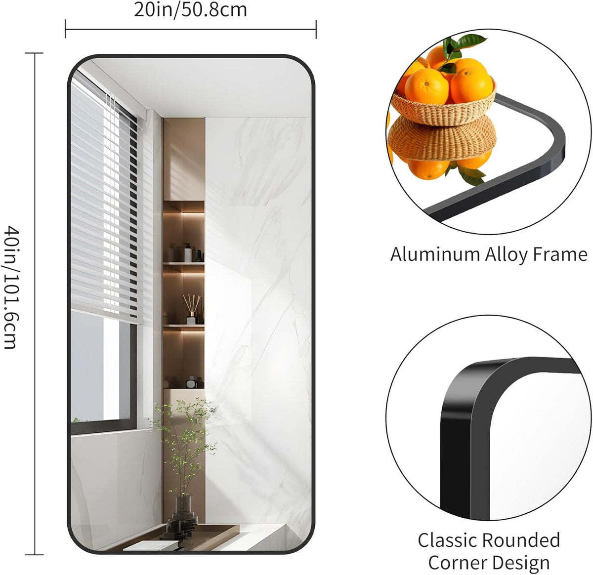 FORBATH Bathroom Mirror 20" x 40", Rectangle Black Bathroom Mirror with Black Aluminum Frame Rounded Corner, Wall Mounted Mirror for Bedroom Entryway Living Room