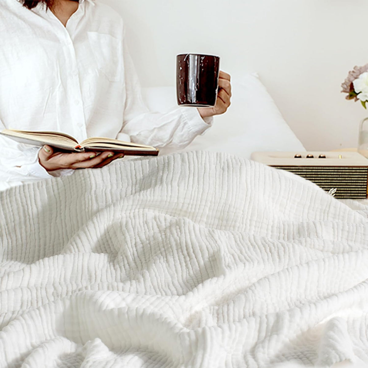 Carriediosa 100% Cotton Muslin Throw Blanket 108" X 90" King Size,4-Layers Summer Gauze Throws for Bed Couch,Soft Lightweight Breathable Linen Blankets Bedspread for Adults All Season,White