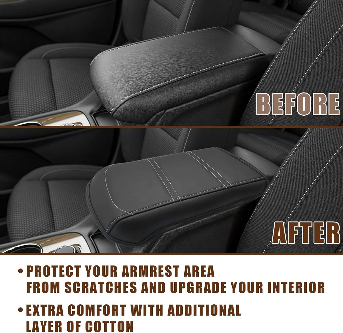 Muslogy for Acadia 2017-2023 Center Console Pad Armrest Cover Vegan Leather Cushion Pad Accessories Armrest Lid Protector Extra Soft Compatible with GMC Acadia 2023 2022-2017 (Black/White Trim)