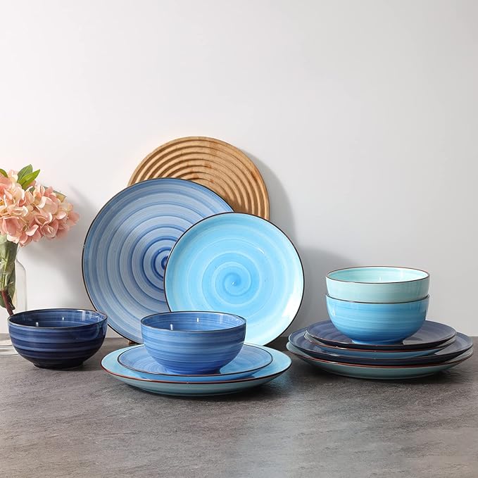 Selamica Ceramic Dinnerware Sets for 6, 18 Pieces Plates and Bowls Set, Scratch Resistant Dishes Set, Handpainted Swirl with Spot Dishwasher & Microwave Safe, Gradient Blue