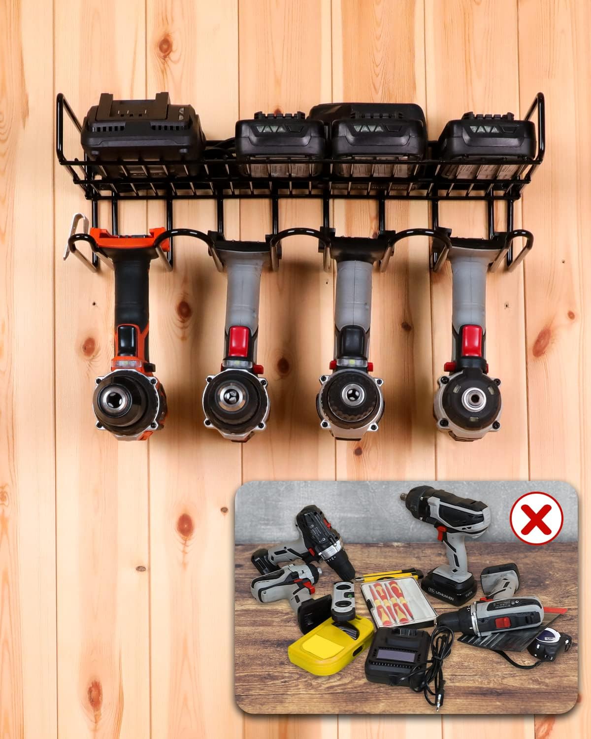 UNITEDPOWER Wall Mounted Power Tool Organizer Holder, Heavy Duty Utility Storage Rack With Shelf for Battery Powered Hand Tools, Workshop, Shed, Garage, Home
