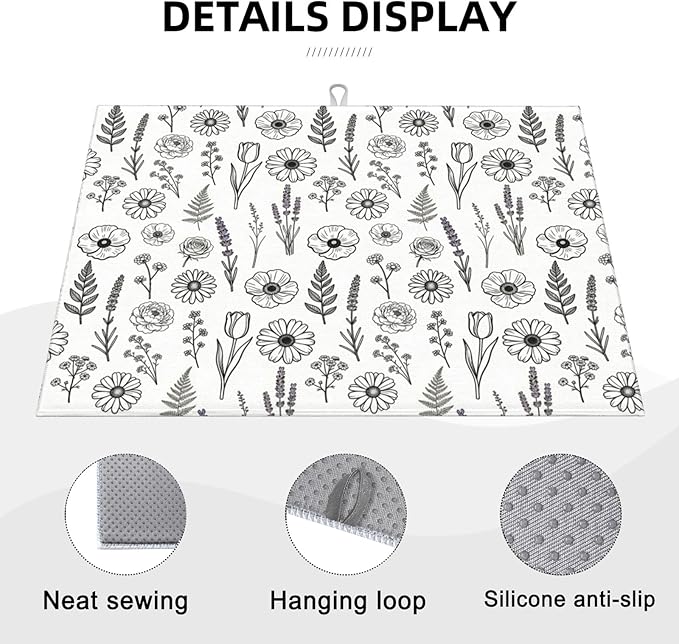 Black and White Floral Aesthetics Dish Drying Mat, for Kitchen Counter Microfiber Absorbent, Dish Draining Mat Extra Large 18"x24"