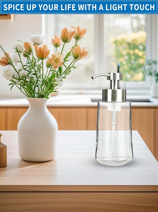 Foaming Hand Soap Dispenser Set, 16 oz Large Glass Soap Dispenser, Foam Dispenser with Stainless Steel Pump & Waterproof Labels, Refillable Soap Bottles for Bathroom Countertop, 2 in 1
