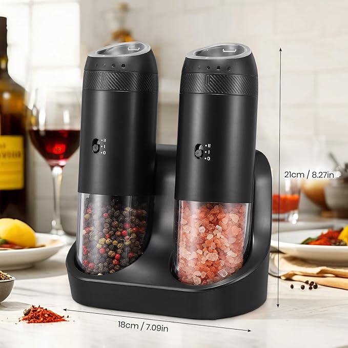 Rechargeable Gravity Electric Salt Grinder Set with Variable Grinding Speed, External Adjustable Coarseness, External Adjustable Coarseness, Charging Base and White LED Light,Black