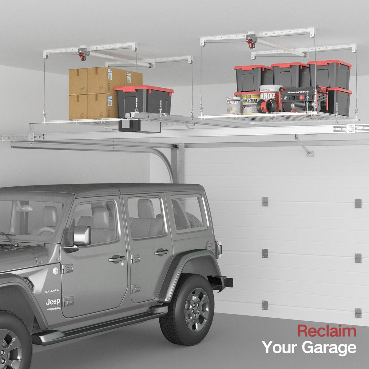 Overhead Garage Storage Rack, Adjustable Heavy-duty 4x4 Ft Ceiling Storage Racks with Safety Lock, Ideal for Garage Storage Lifting Organization System, 250lbs Capacity, White