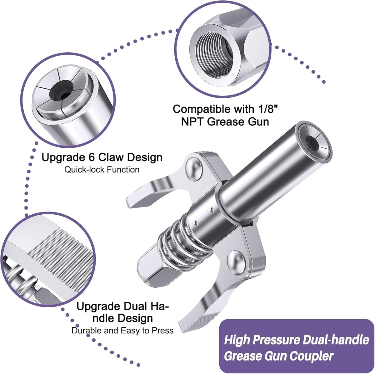 8000 PSI Heavy Duty Grease Gun Kit - 14oz with Flex Hose, Sharp Nozzle, Extension Pipe & Coupler, Purple