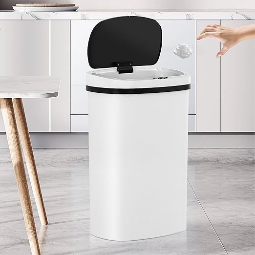 13 Gallon Trash Can,50Liter Plastic High-Capacity Automatic Kitchen Trash Can with Lid,Motion Sensor Touch Free Garbage Cans for Bathroom, Bedroom, and Kitchen (3,White)