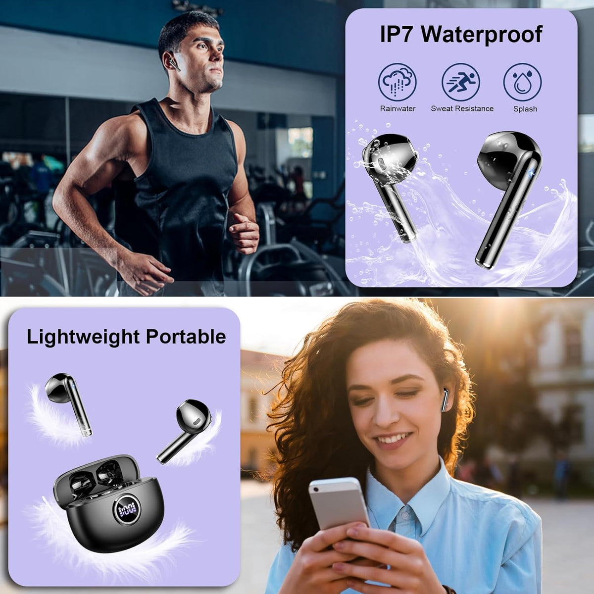 Wireless Earbuds, 2025 Bluetooth 5.3 Headphones HiFi Stereo Ear buds with ENC Noise Cancelling Mics, 40H Bluetooth Earbuds with Dual LED Display, IP7 Waterproof in Ear Earphones for Android iOS, Black