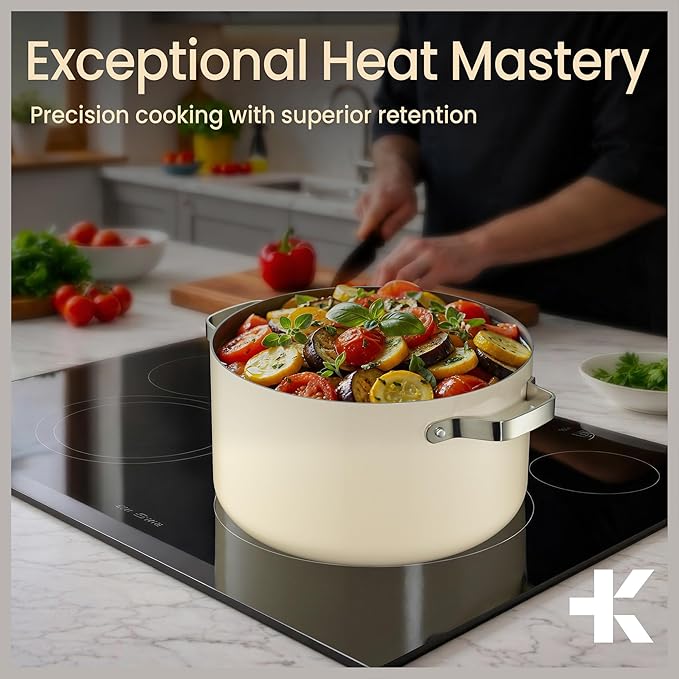 Bakken 12.5 Quart Ceramic Coated Stock Pot with Lid, Easy Clean Nonstick Pot, Tempered Glass Lid, Riveted Stainless Steel Handles, Oven Safe Up To 500°F, PTFE & PFAS Free, All Stove Compatible, Cream