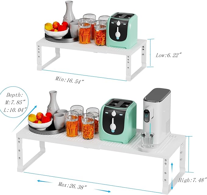 Expandable Spice Rack Kitchen Cabinet Shelf Organizer, Stackable Storage Shelves Racks, Adjustable Counter Shelving for Cabinets, Countertop, Cupboard,Pantry and More(1Pack/White/Medium)