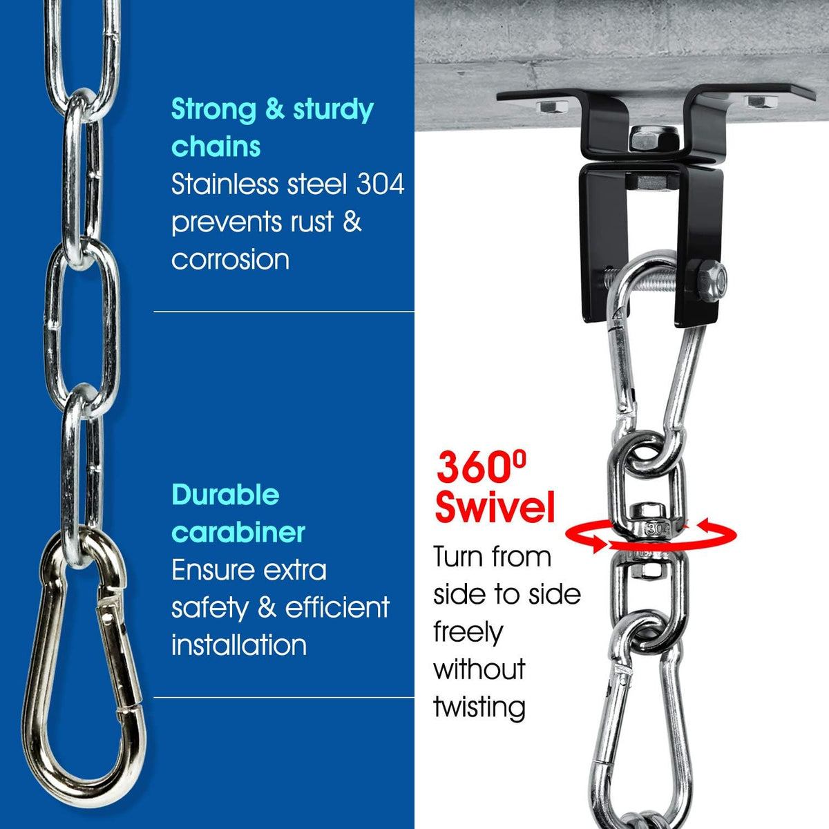 Yes4All Punching Bag Hanger, Stainless Steel Swivel Chain with 4 Snap Hooks for Heavy Bag, Gym Swing, Trapeze, and Hammock