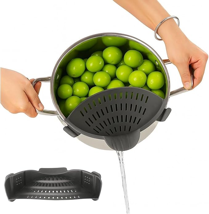 Silicone Pot Strainer, Emptycolor Adjustable Clip On Strainer for Pots Pans, Heat Resistant Pot Drainer, Kitchen Pasta Colander for Vegetables and Noodles (Grey)