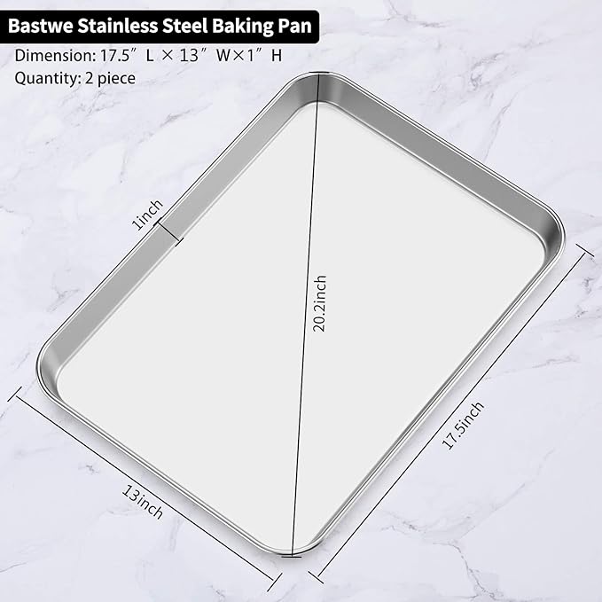Baking Sheet Set of 2, Bastwe 18 inch Commercial Grade Stainless Steel Baking Pan, Professional Bakeware Oven Tray, Healthy & Non-toxic, Rust Free & Mirror Finish, Easy Clean & Dishwasher Safe