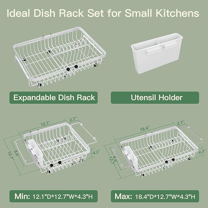 MAJALiS Dish Drying Rack Over The Sink, Expandable Stainless Steel Dish Drainer for Small Kitchen Counter Space Saving, RV Compact Plate Strainer in White Metal with Hanging Adjustable Utensil Holder
