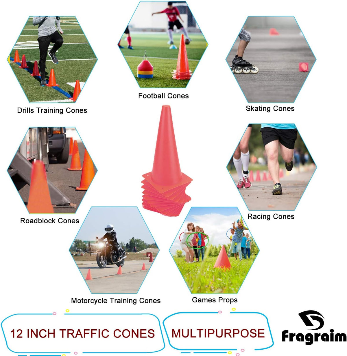 12 Inch Traffic Training Cones, Plastic Safety Parking Cones, Agility Field Marker Cones for Soccer Basketball Football Drills Training, Outdoor Sport Activity & Festive Events - 6 Colors