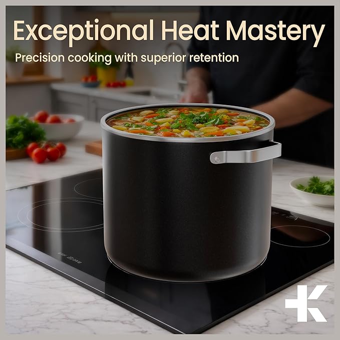 Bakken 16 Quart Ceramic Coated Stock Pot with Lid, Easy Clean Nonstick Pot, Tempered Glass Lid, Riveted Stainless Steel Handles, Oven Safe Up To 500°F, PTFE & PFAS Free, All Stove Compatible, Black