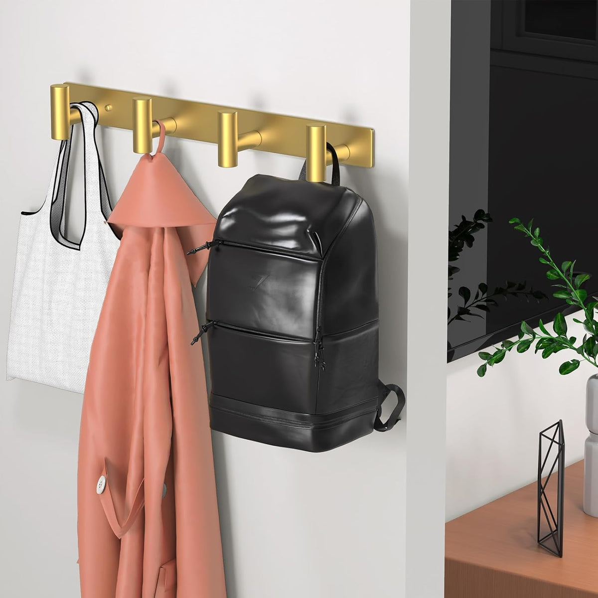 Wall Mounted Coat Rack-4 Hooks, Heavy Duty Stainless Steel Hook Rail for Towel Coat Hat Purse Bag Jacket, Towel Hooks for Entryway Bathroom Kitchen (Gold 4 Hooks - 1 Pack)