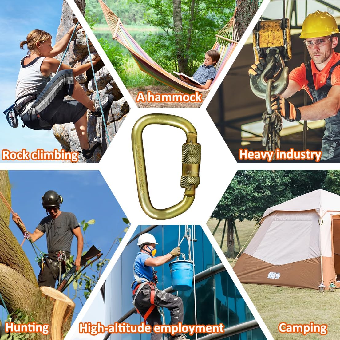 DEKABR Heavy Duty Alloy Steel Auto-Locking Climbing Carabiner - 45KN Twist Lock Carabiner for Rock and Tree Climbing, Quick Release, Rescue, and Mountaineering. ANAB Certified, 4.21-inch, Large, Gold