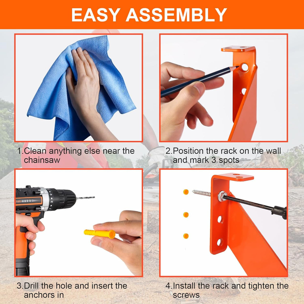3 in 1 Chainsaw Holder 10" - Heavy Duty Chainsaw Wall Mount, 10 Gauge Steel Chain Saw Hanger for Garage Organization, Hefty Rack Storage Organizer for Chainsaw Accessories and Tools, 180lbs Capacity