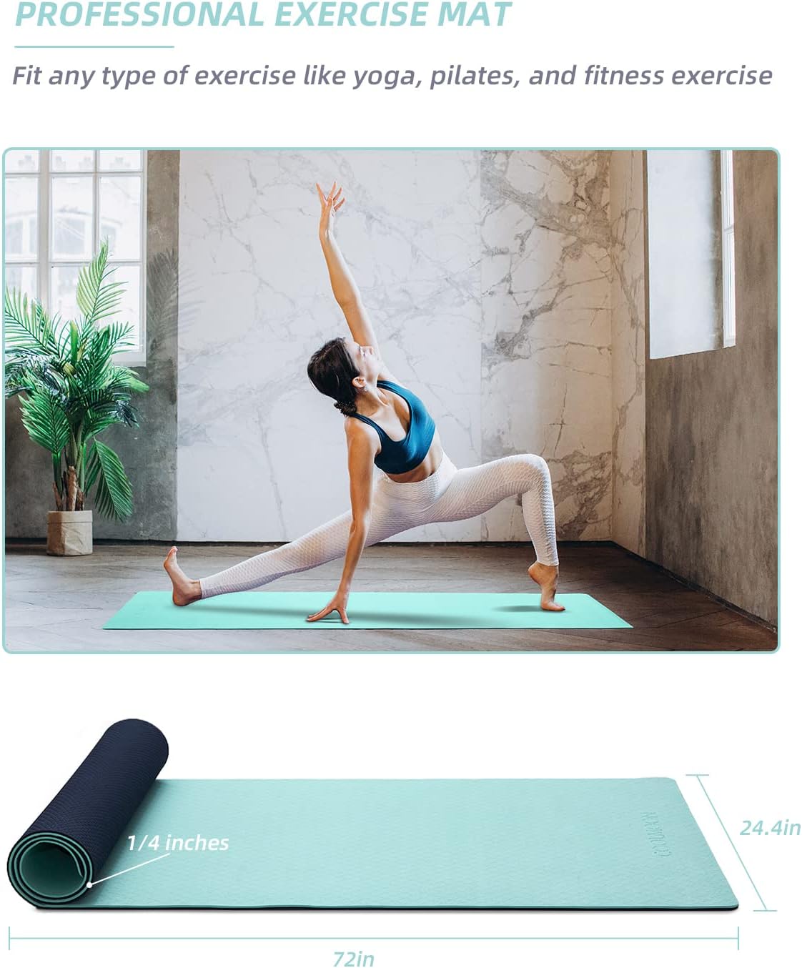 COOLMOON Yoga Mat Non Slip, Anti-Tear 1/4 Thick TPE Yoga Mats for Women and Men, 72"x24" Exercise & Fitness Mat with Carrying Strap, Workout Mats for Yoga, Pilates and Floor Exercise