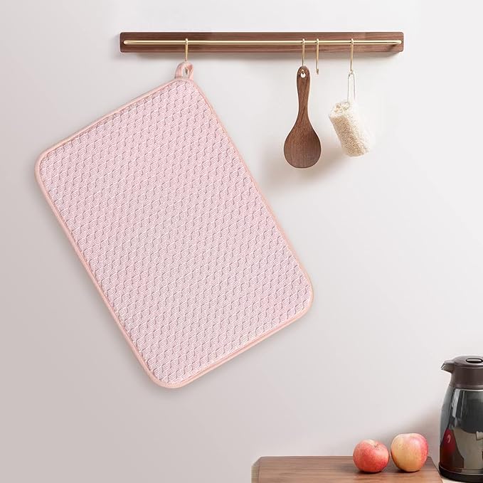 Pink Dish Drying Mats for Kitchen Counter, 2 Pack Dish Drying Mat Drying Pad, Dish Rack Drainer Mat, Kitchen Mat (Pink)