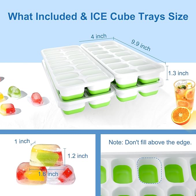 Ice Cube Tray, Ice Cube Trays for Freezer 4 Pack with Lids, Ice Tray Easy-Release, Ice Trays for Freezer Stackable, Silicone Ice Cube Tray for Drinks, Coffee - BPA-Free and Odor-Free(56 Cubes)