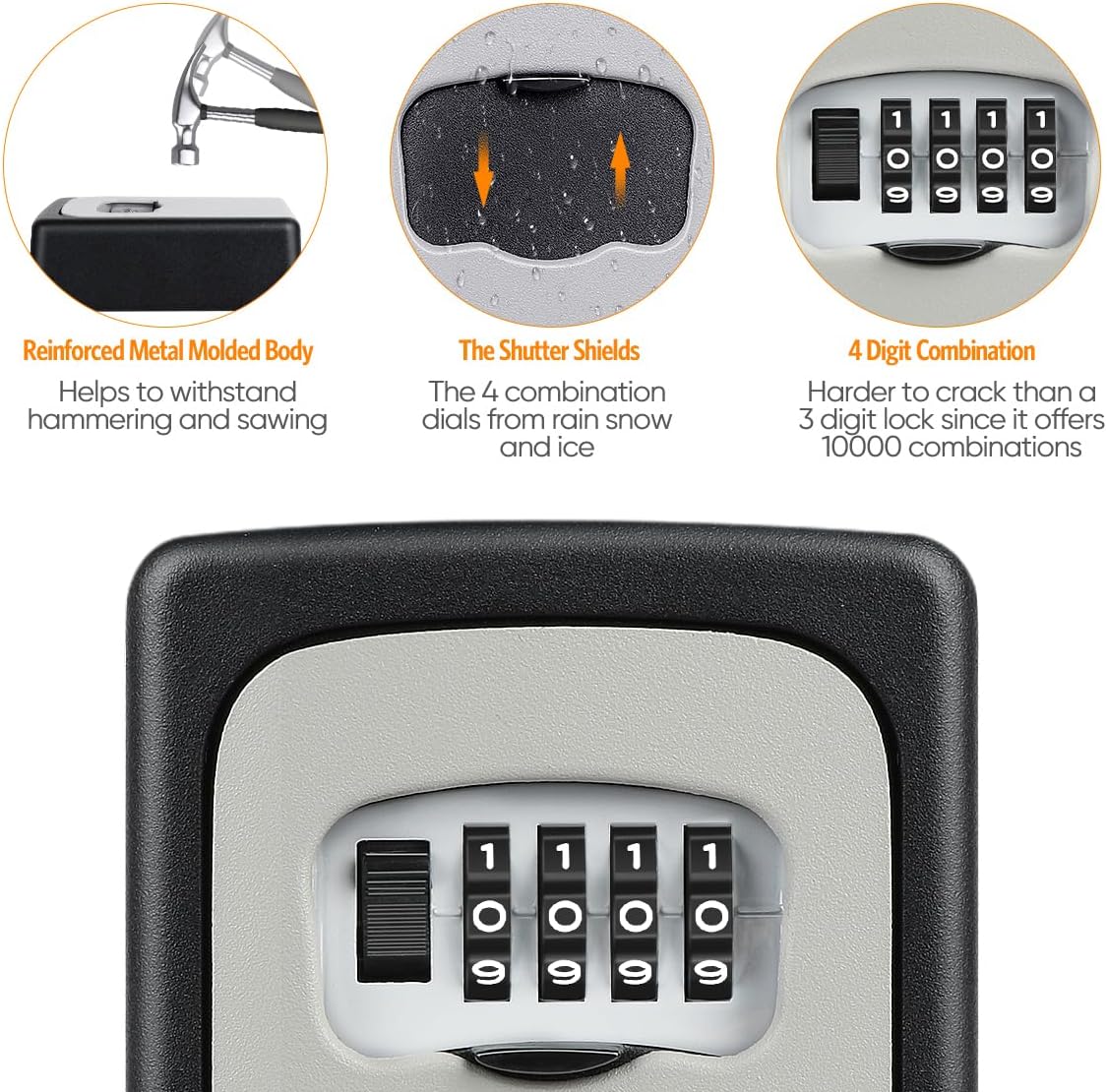 Key Lock Box Wall Mounted, Fayleeko 4 Digit Combination Lockbox for Outside, House Keys - 5 Keys Capacity, Key Safe Security Storage Lock Box for Indoor, Outdoor, Garage, Garden, Store (Grey, 1Pack)