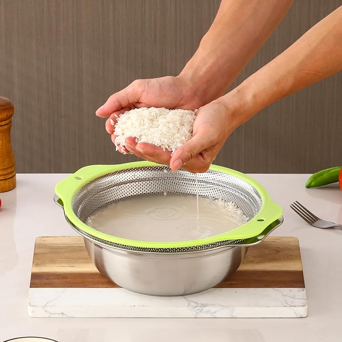 Colander Stainless Steel Microporous, 2QT Rice Strainer with Mixing Bowl, Rice Washer Bowl Set with Handle, Food-Grade Strainers and Colanders for Kitchen, Pasta, Fruit, Dishwasher Safe