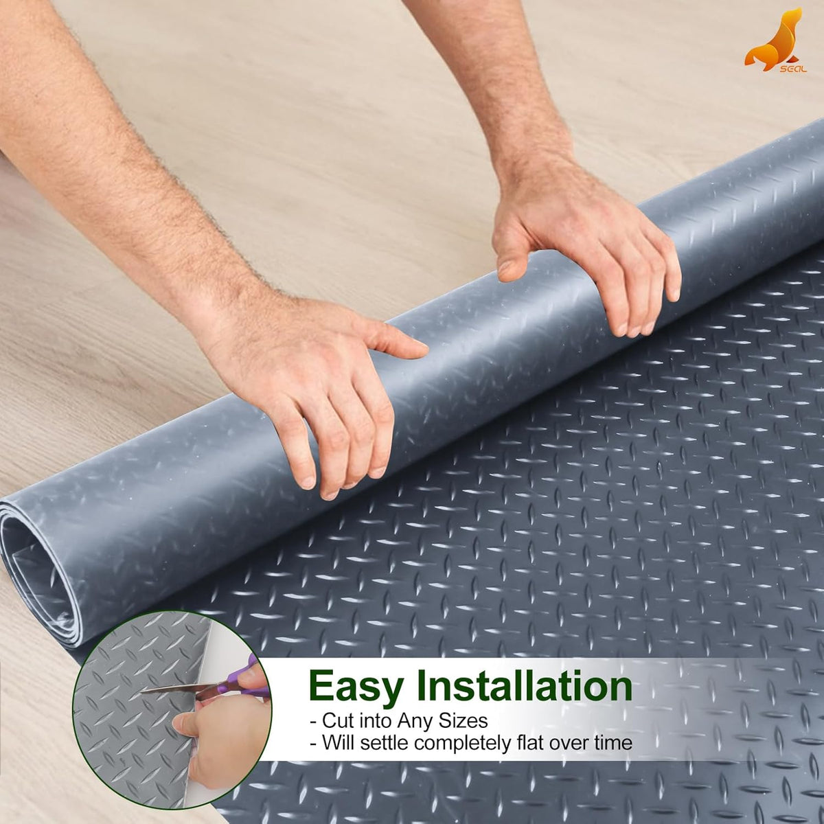 SEAL 6 x 8 Ft Premium Garage Floor Mat, Solid 2.8mm Thick Gray Commercial Grade Heavy Duty Parking Mat for Garage Floor, Golf Cart Parking, Water/Stain Resistant Floor Runner (Embossed Diamond Plate)