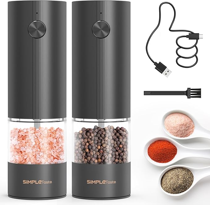 SIMPLETASTE Electric Salt and Pepper Grinder Set with LED Light, Automatic Pepper Mill Shakers with Adjustable Coarseness, One Hand Operation for Kitchen, Dining, Gifting, Black, Rechargeable