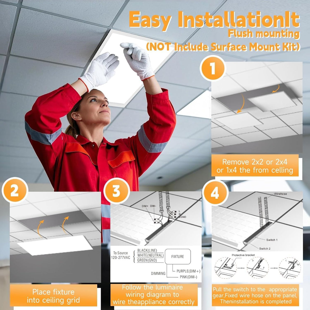 2X4 Led Flat Panel Light,0-10V Dimmable,3000K/4000K/5000K, 30W/40W/50W, Drop Ceiling Light for Mall, Officerom, Garage