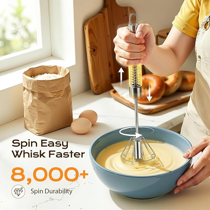 Upgraded Stainless Steel Semi-Automatic Whisk - Easy to Use Whizzy Whisk, Versatile Wisker Tool for Cooking, Kitchen Essential Egg Beater for Baking, Whisking, Beating & Stirring (10+12in)