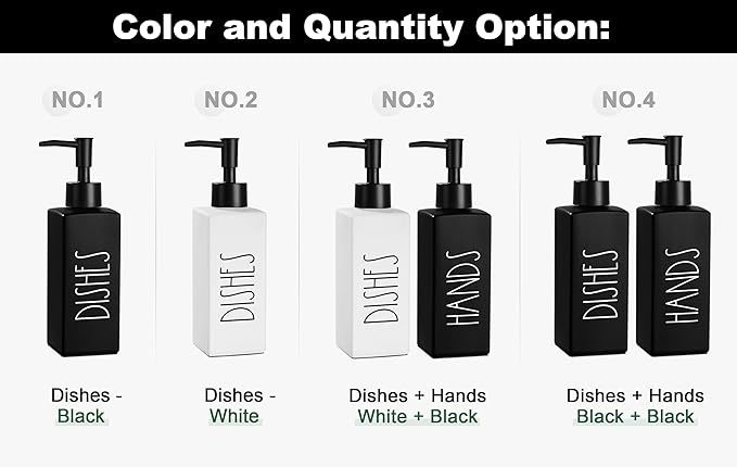 Hand and Dish Soap Dispenser Set, Matte Black Dish Dispenser Bottle for Kitchen, Glass Kitchen Soap Dispenser Set with Pump, Refillable Liquid Soap Bottle, Farmhouse Kitchen Decor, 12.3fl oz