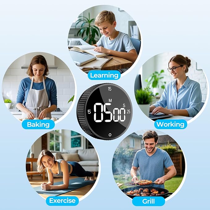 Magnetic Kitchen Timer for Cooking with Loud Alarm - Large LED Display Rotating Countdown Pomodoro Timer, Preset 5/15/25 Mins Easy for Seniors and Kids,for Baking Grilling Studying