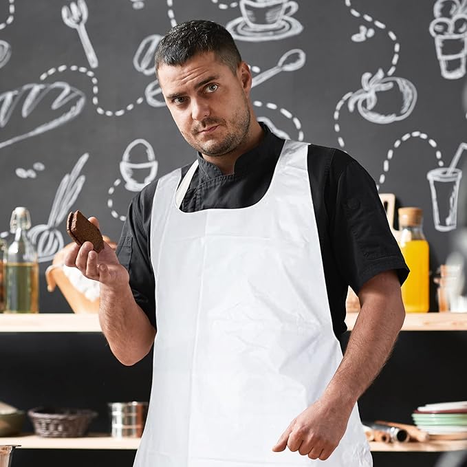 MT Products 2 Mil White Disposable Poly Aprons 46"x28" - Waterproof Plastic Bibs for Cooking, Dishwashing & Art (Bulk)