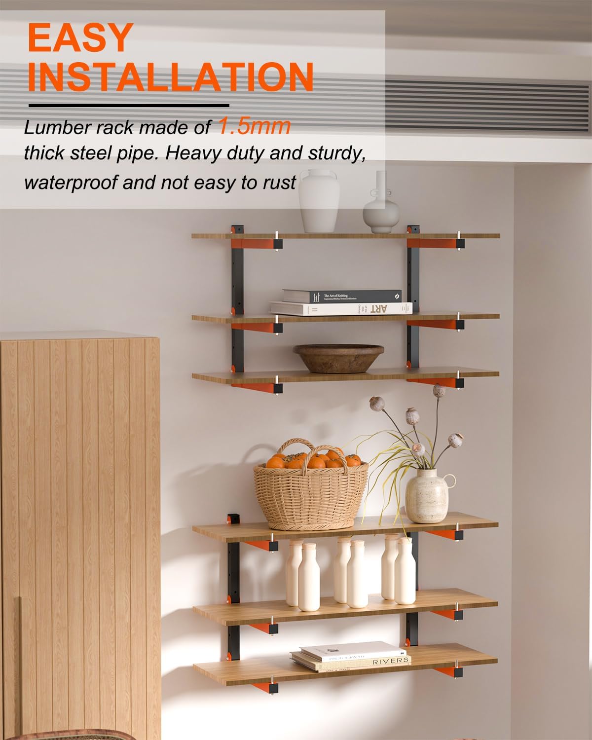 Lumber Storage Rack Wall-Mounted Lumber Racks Heavy Duty Wood Storage Rack with 9-Level Holds Up 1080 LB Sturdy Folding Garage Wood Organizer Orange Shelving Metal Shelf for Indoor & Outdoor- 6 Pack