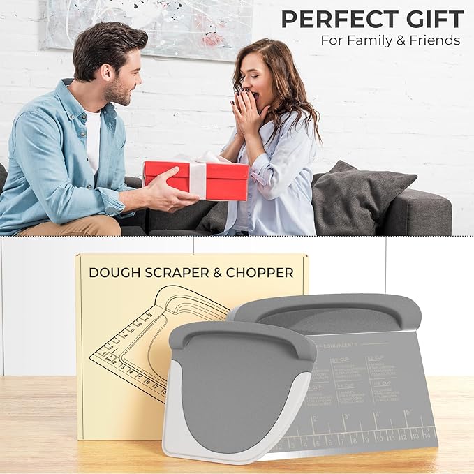 Bench Scraper Dough Cutter Tool - Bowl Pastry Scraper for Bread Cake Pizza, Bench Knife Kitchen Dough Scraper for Baking, Stainless Steel Food Scraper with Grip Handles & Measuring Scale, Grey, Gray