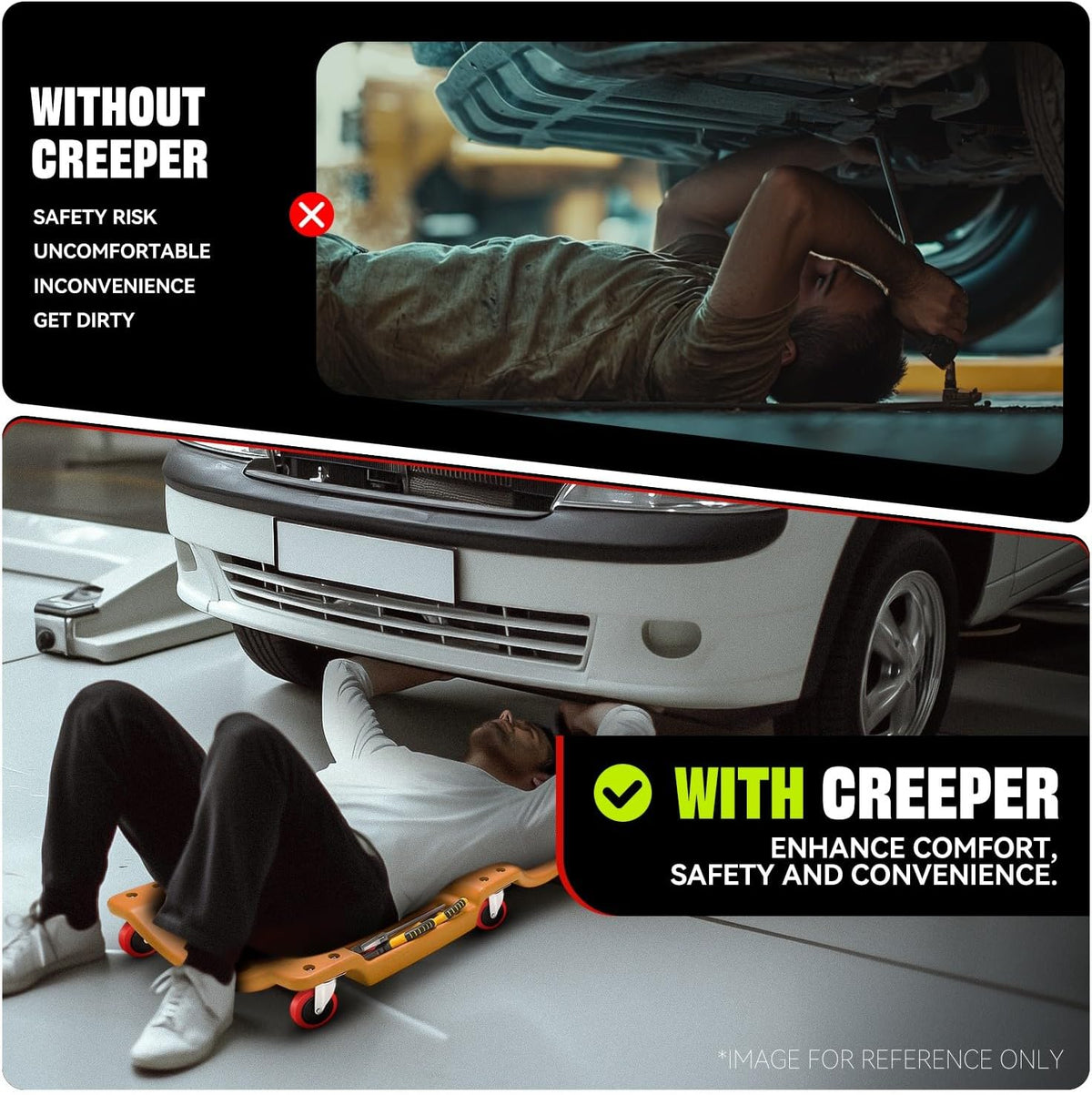 Auto Dynasty 36 Inches Mechanic Creeper, Automotive Garage Repair Low Profile Under Car Rolling Creeper with Padded Headrest, Plastic, Orange