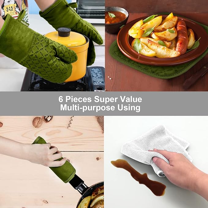 KEGOUU Oven Mitts and Pot Holders 6pcs Set, Kitchen Oven Glove High Heat Resistant 500 Degree Extra Long Oven Mitts and Potholder with Non-Slip Silicone Surface for Cooking (Olive Drab)
