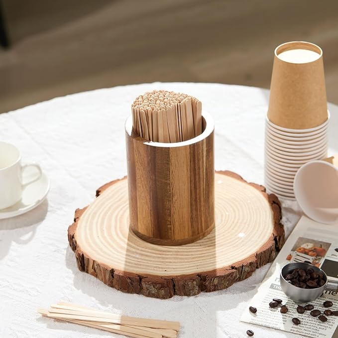 Acacia Wood Coffee Stirrer Holder Set with 100 Disposable Stir Sticks, Wooden Bar Accessories for Milk Cocktail Tea Drinks Straws, Organizer for Station Countertop