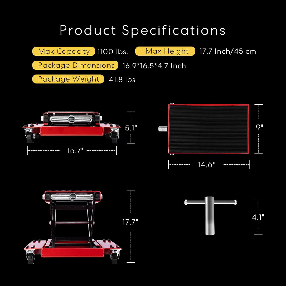 VIVOHOME 1100 Lbs Steel Wide Deck Motorcycle Lift ATV Scissor Lift Jack with Dolly and Hand Crank Bikes Garage Repair Hoist Stand Red